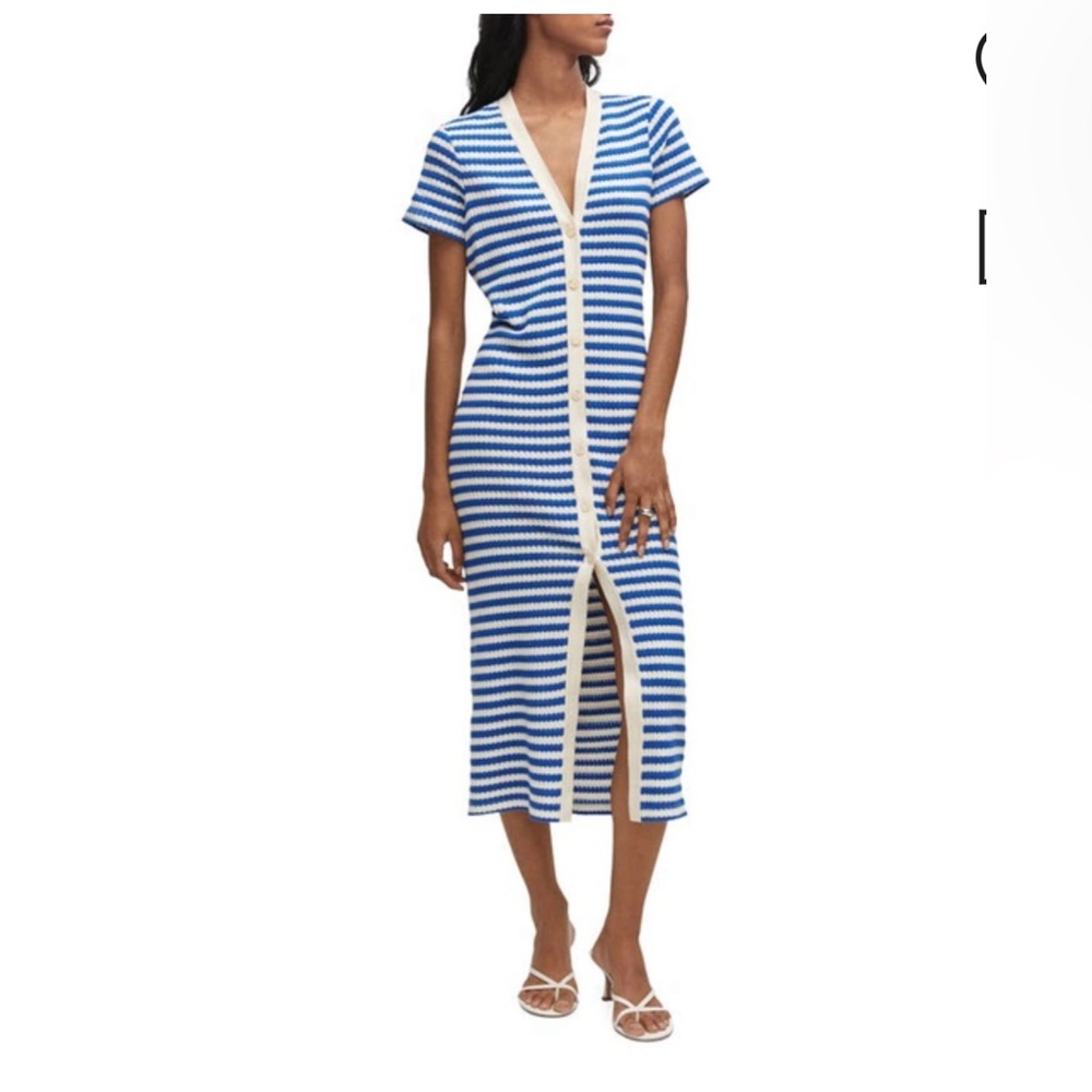 NWT Mango Blue Striped Jersey Dress midi short sleeves 10